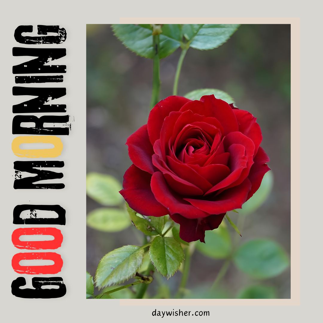 A stunningly vibrant red rose in full bloom, captured in exquisite detail against a soft, natural background. The rose, with its deep, rich color and perfectly arranged petals, stands out as a symbol of love and beauty. This image is ideal for a good morning greeting, evoking feelings of passion and inspiration to start the day with positivity and enthusiasm. The text "GOOD MORNING" in a striking black and yellow vertical design adds a creative touch, making this image not only a visual treat but also a motivational message.