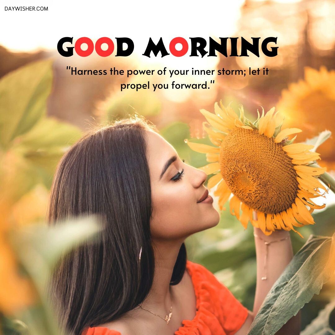 A woman in an orange top smelling a large sunflower with the text "Good Morning Flowers" and the quote "harness the power of your inner storm; let it propel you forward.