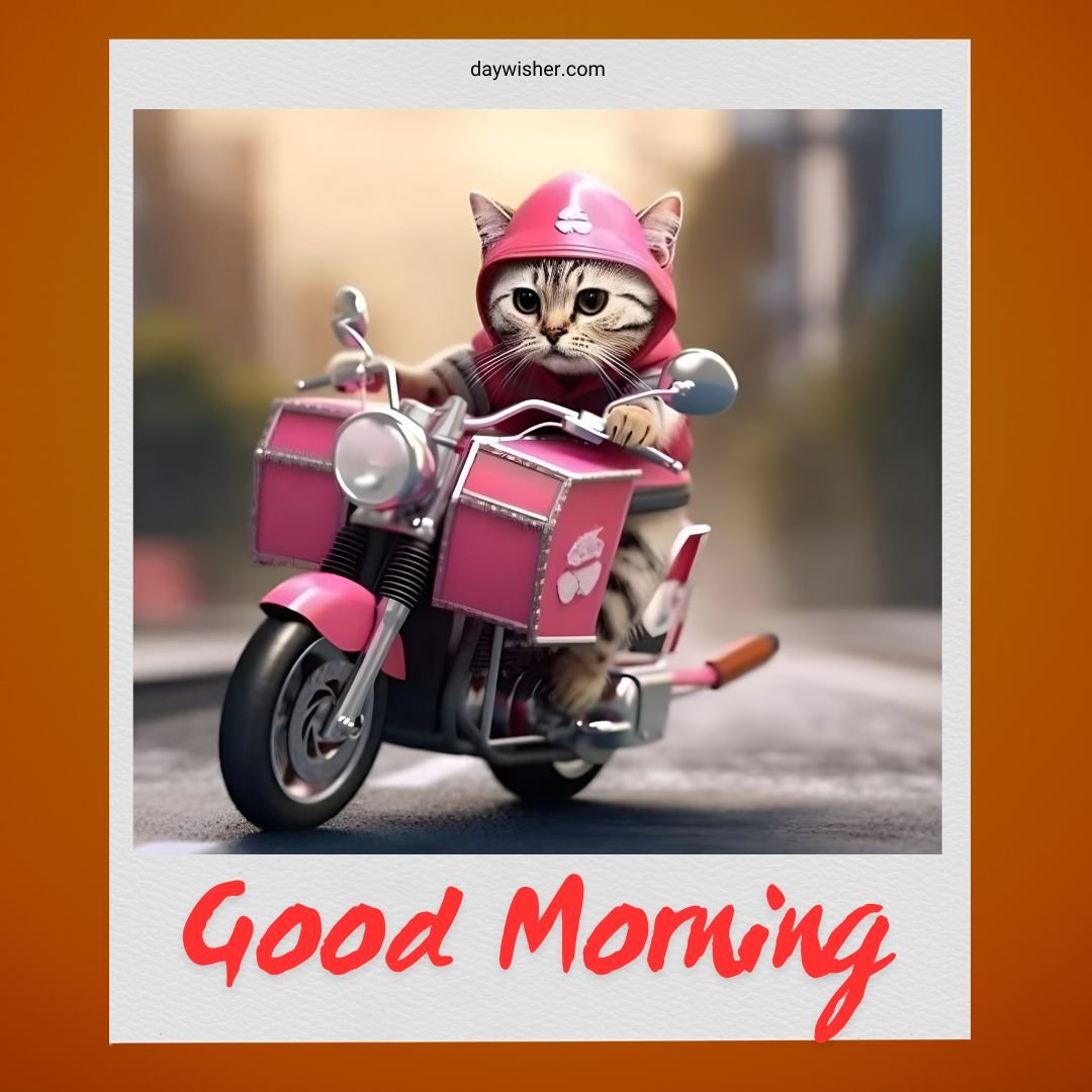 A whimsical image of a "Good Morning Cat" wearing a pink helmet riding a pink motorcycle, with "good morning" text at the bottom, highlighted against a blurred city background.