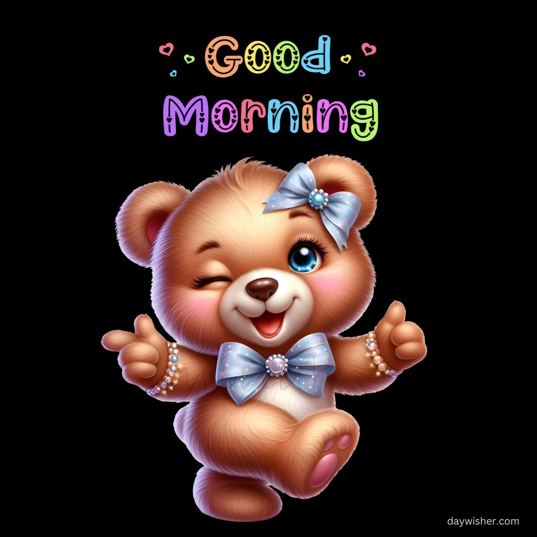 A cheerful teddy bear winking and giving a thumbs-up, adorned with a blue bow and pearl bracelets. The text "Good Morning" is displayed in colorful, playful font above the bear, creating a vibrant and joyful morning greeting on a black background.