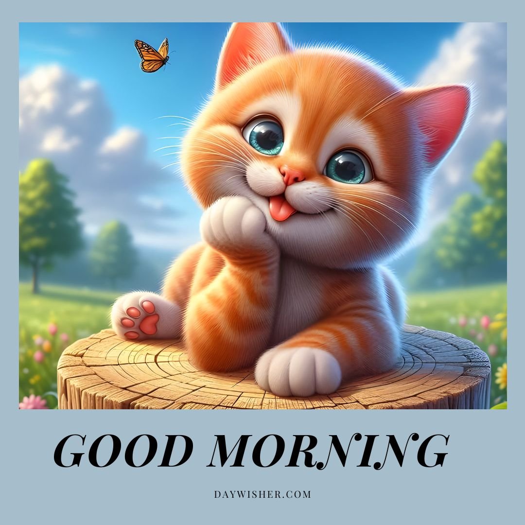 A charming image featuring a cartoon orange kitten sitting on a wooden stump, with the text "Good Morning Cat Images" above it. The background shows a sunny meadow with a butterfly flying near the kitten.