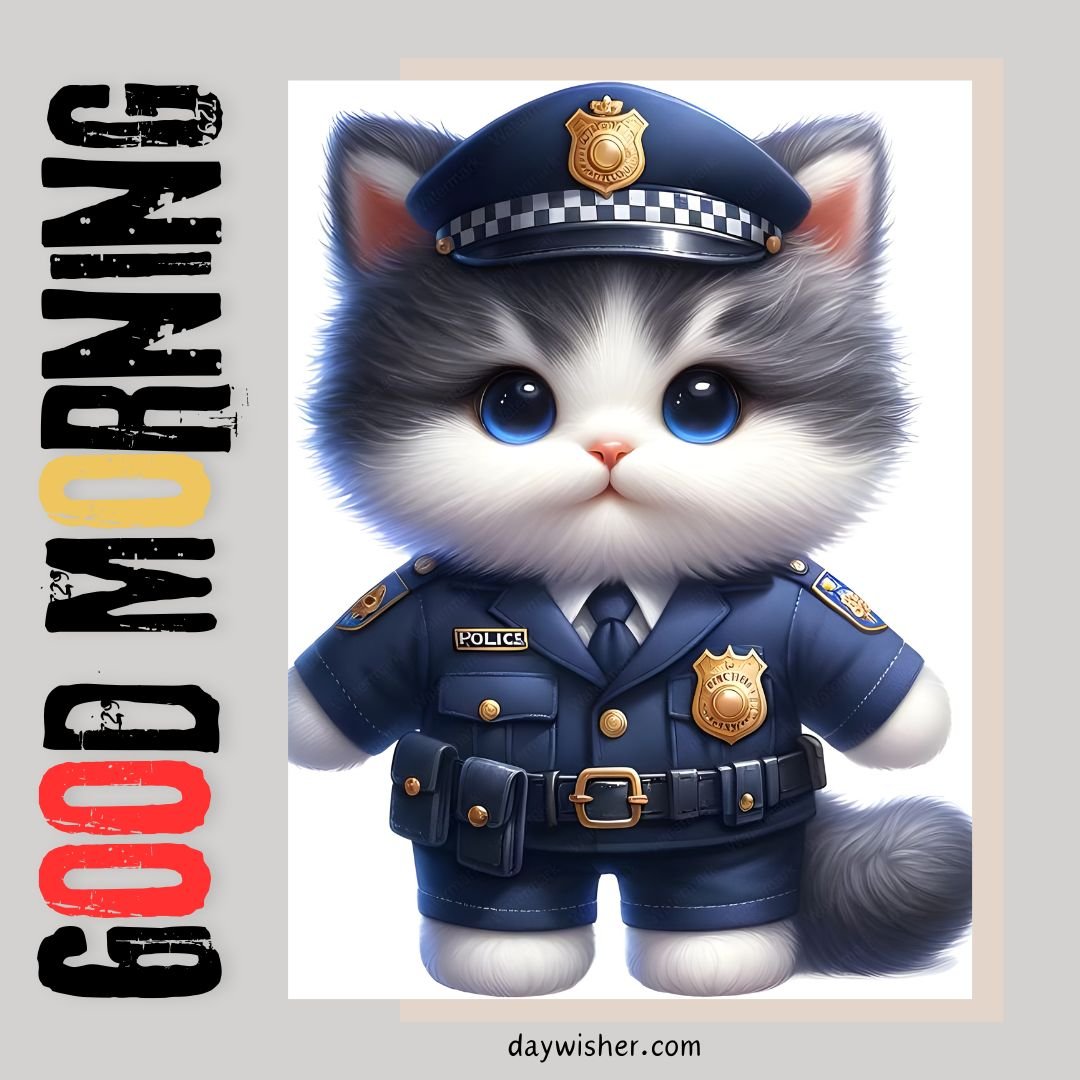 Illustration of an adorable cartoon cat dressed in a detailed police uniform, featuring a hat with badge and a belted jacket. The image includes the words "Good Morning" in bold, artistic font at the top.