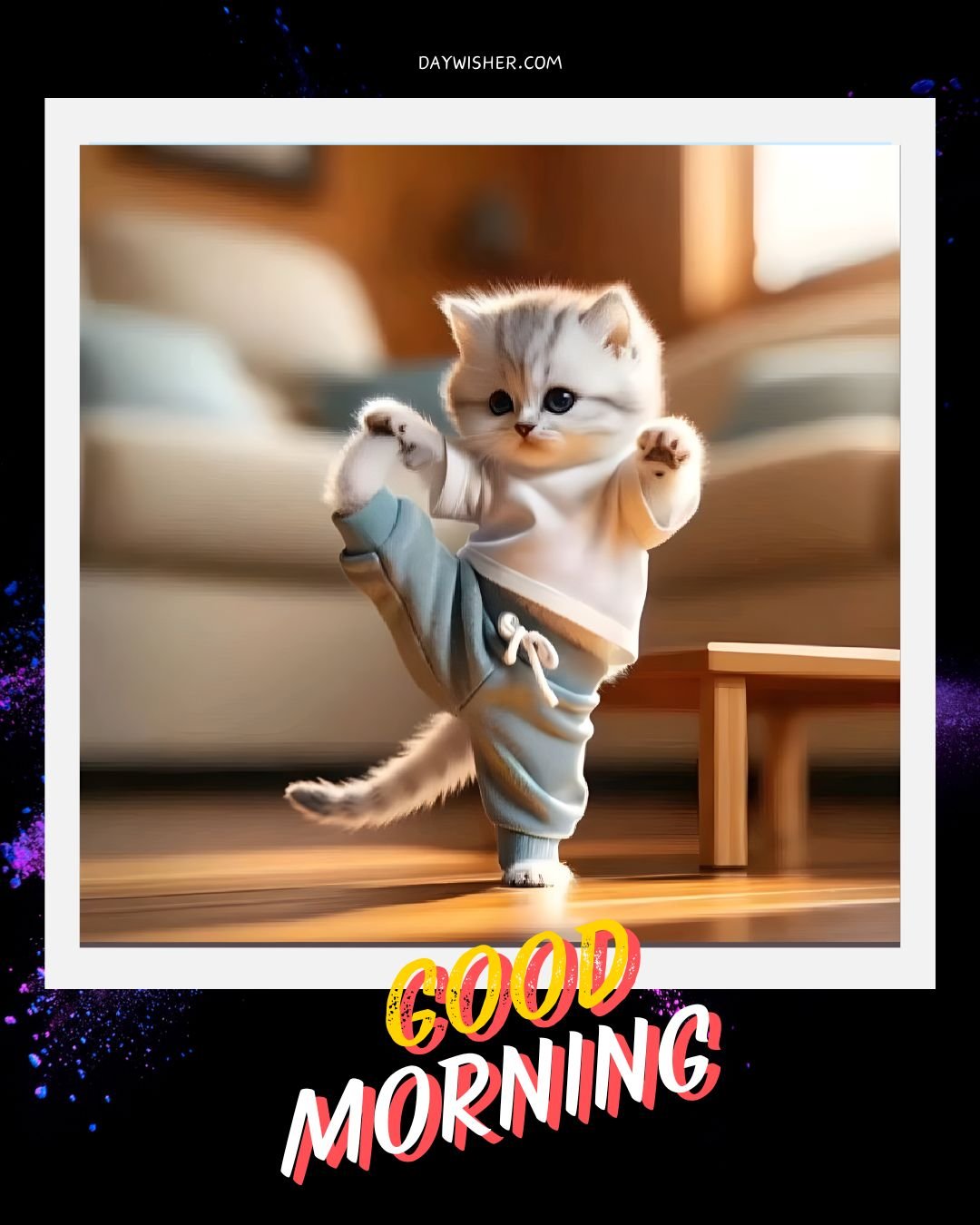 A "Good Morning Cat" image of a cute animated kitten wearing blue pants practicing martial arts in a warmly lit room.