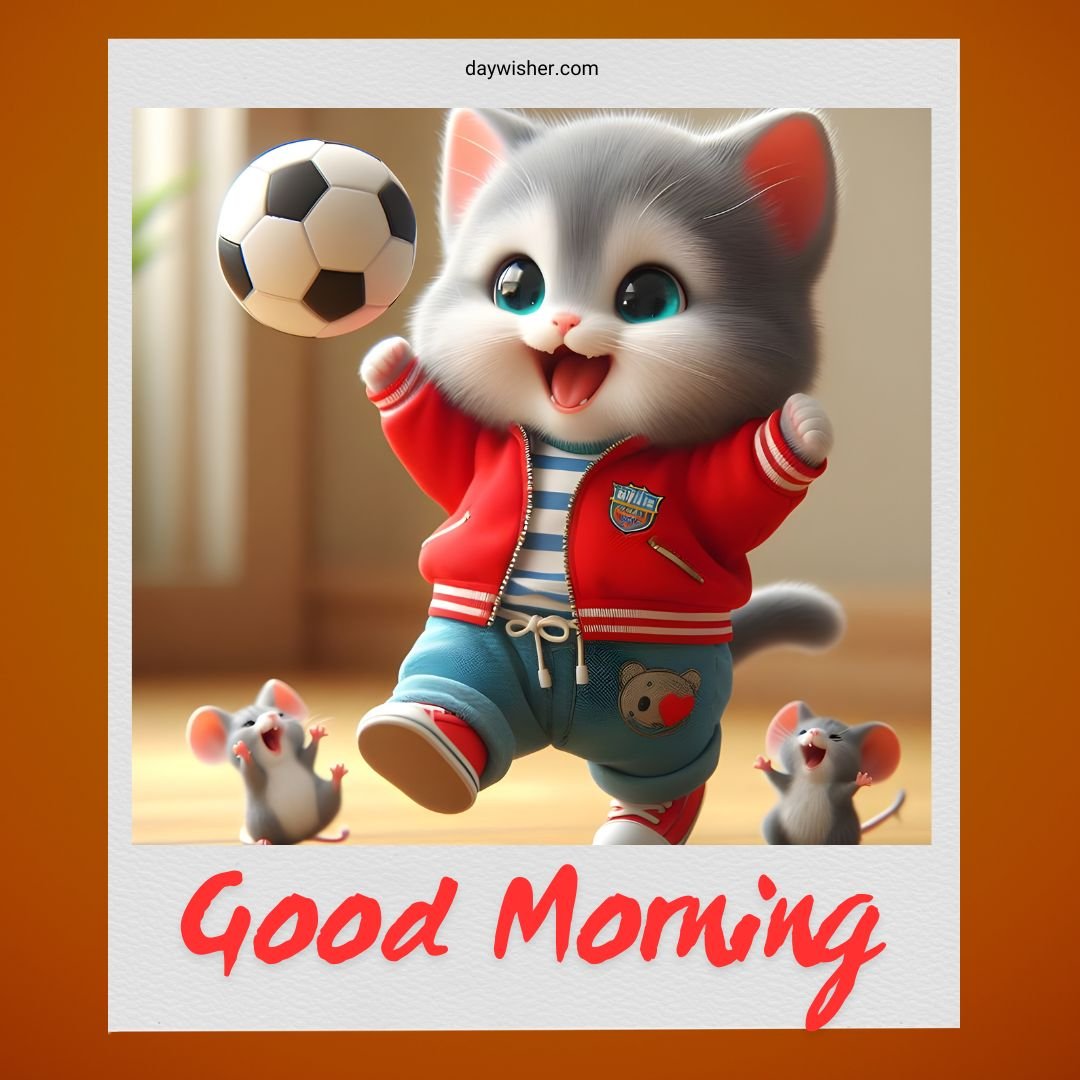 An animated image showing a cheerful gray kitten in a red sports jacket playing with a soccer ball, surrounded by three tiny mice. The text "Good Morning" is displayed prominently.