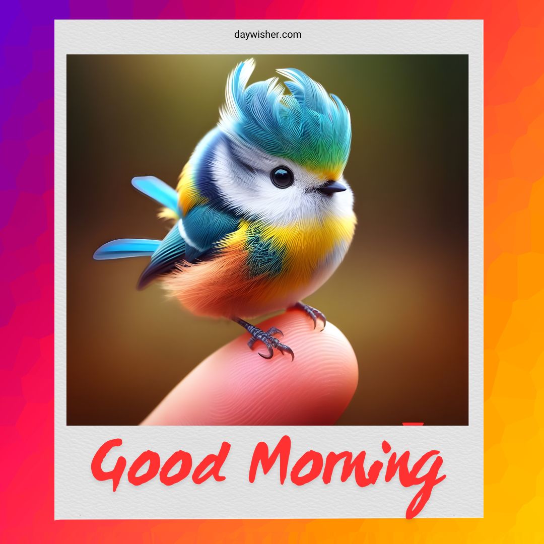 A vibrant digital image of a multicolored, whimsical bird perched on a finger against a gradient background, with the text "Good Morning" at the bottom.