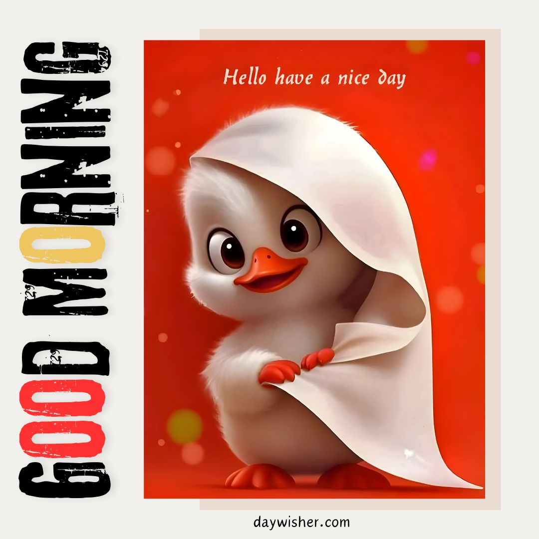 An illustration of an adorable duckling with big eyes wearing a white towel on its head, holding a bead necklace, against a red background with "Good Morning" text above and "Have a Nice Day" beside.