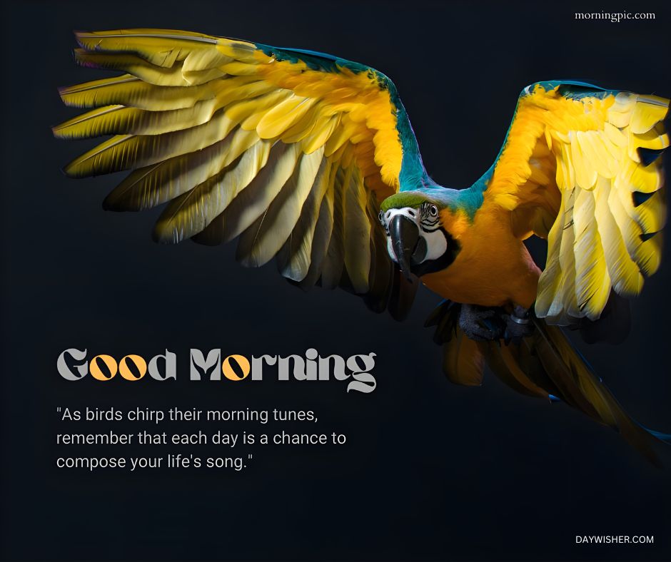 good morning birds images of a vibrant yellow and blue parrot in flight with outstretched wings against a black background, conveying the beauty and energy of nature's winged creatures to start the day with inspiration.