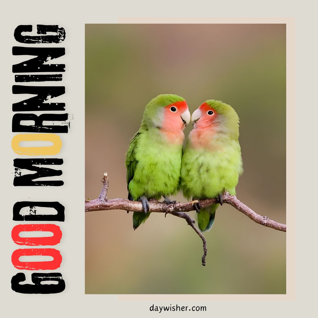 Two lovebirds perched closely on a twig, their bright green feathers and soft orange faces highlighted, embodying the gentle spirit of good morning birds images