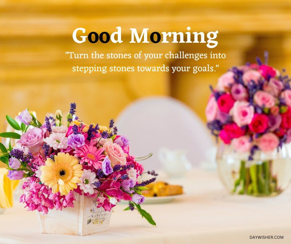 A motivational "Good Morning Flowers" image featuring a quote on a serene backdrop, with a vibrant bouquet of assorted flowers in a basket at the center, placed on a wooden table under soft lighting.