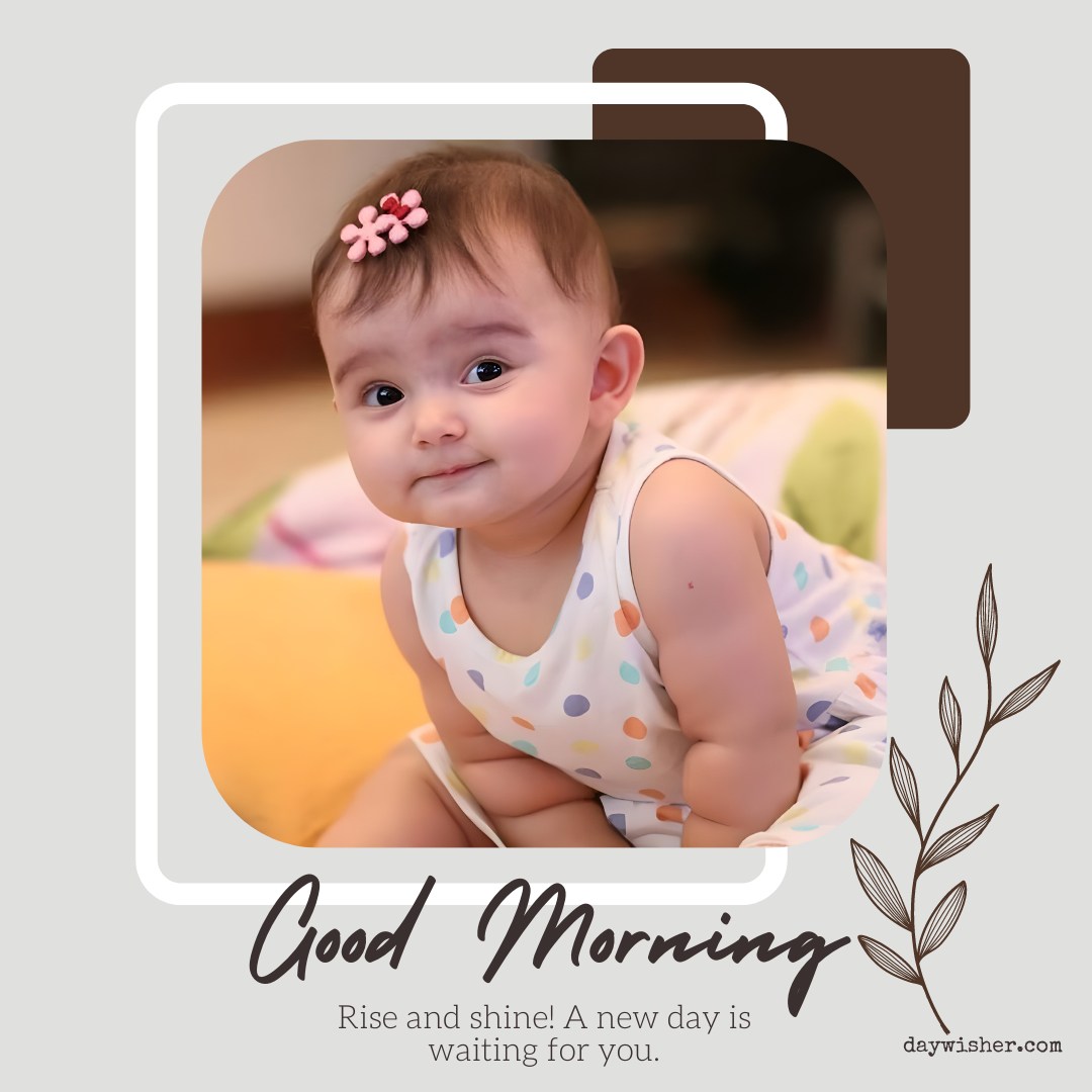 A cheerful baby with a pink hair bow looks up smiling in a polka dot outfit. The image features decorative leaves, a frame, and the text "Good Morning" suggesting a bright start to the day, perfectly capturing cuteness overload.