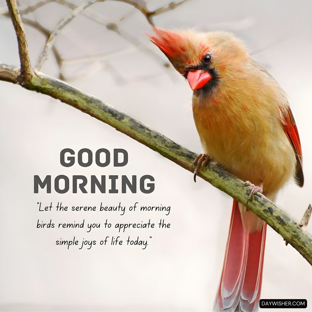 good morning birds images of a vibrant red and tan cardinal bird perched on a branch, reminding us to appreciate the serene beauty and simple joys of each new morning through nature's wonders.