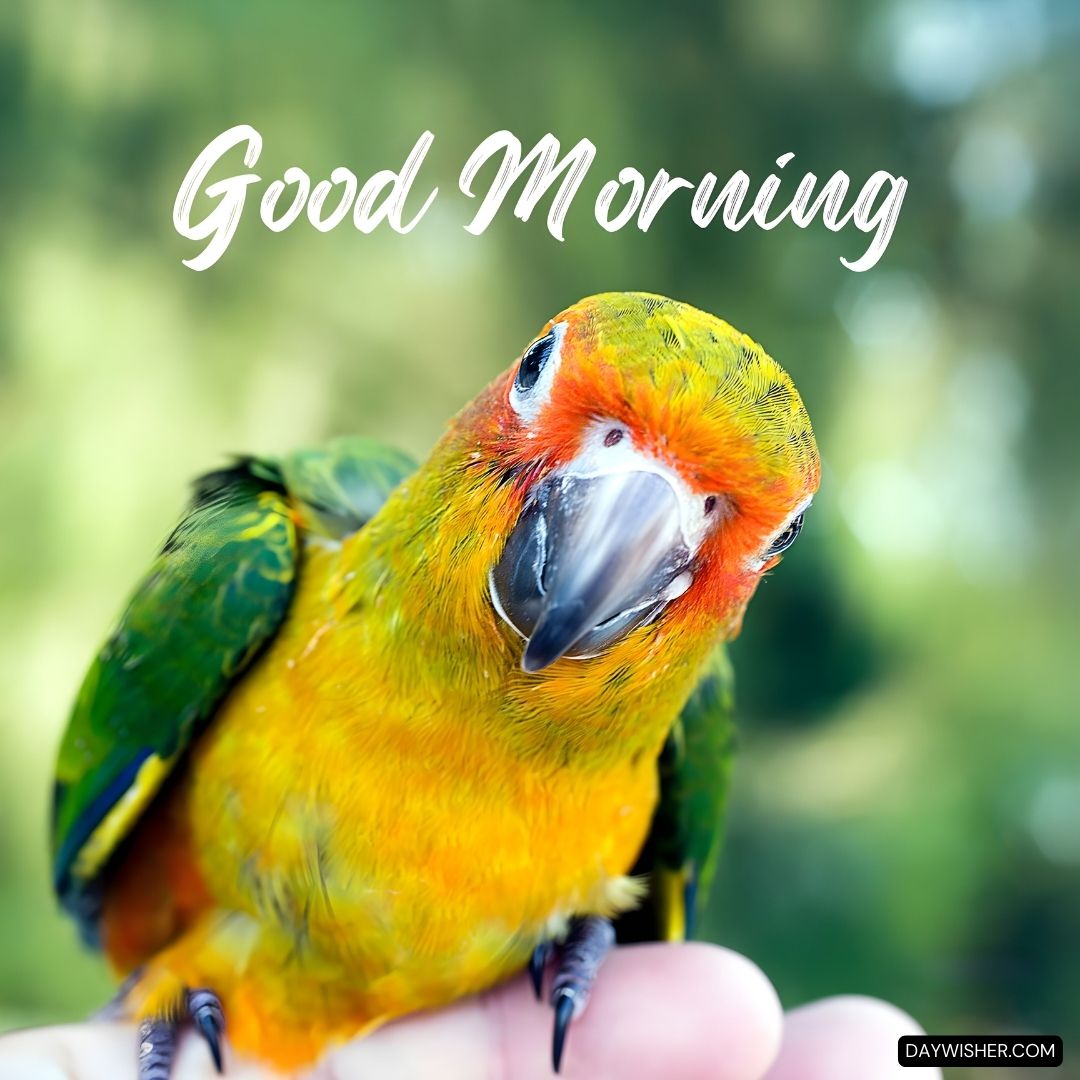 A vibrant sun conure parrot with bright yellow, orange, and green feathers perched on a human finger against a blurred green background, with the words "Good Morning Birds" written in white c