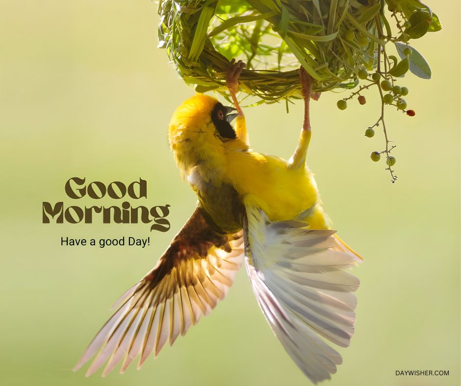 good morning birds images of a vibrant yellow weaver bird meticulously building its intricate nest, inspiring us to start the day with diligence and creativity like nature's skilled architects