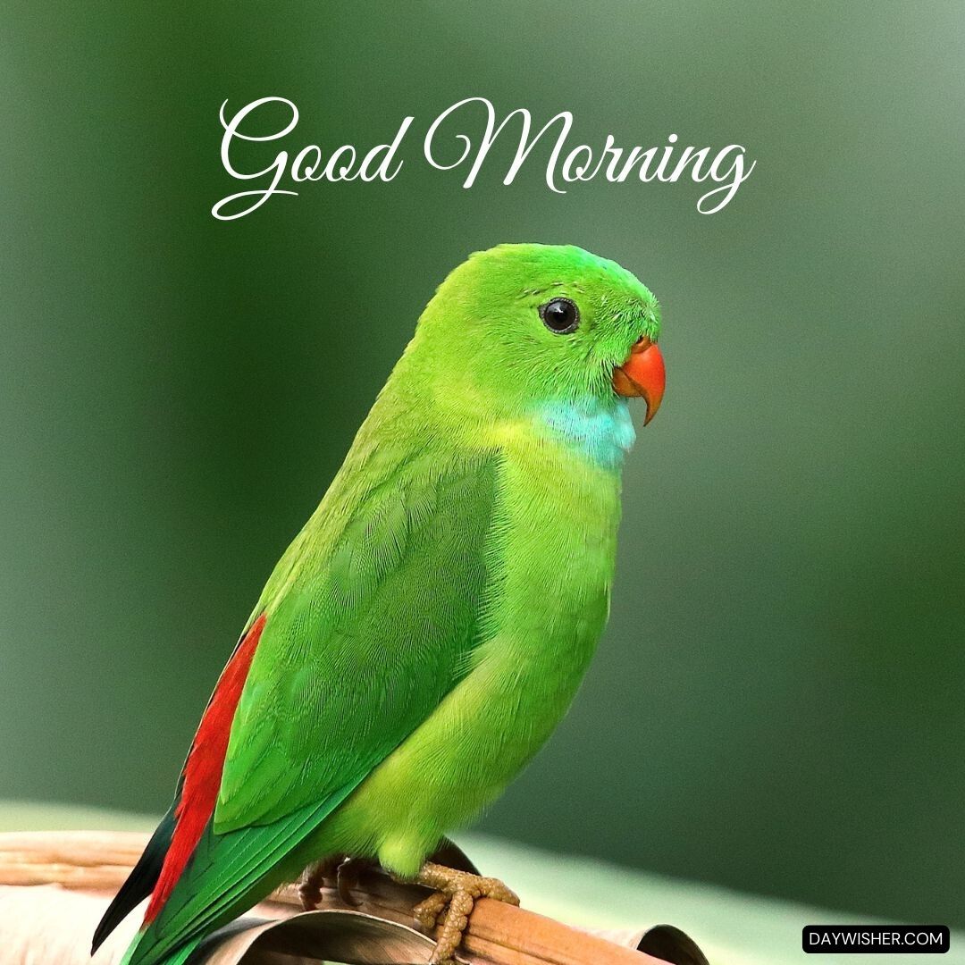 A vibrant green parrot with a red tail perched on a branch, with the text "Good Morning Birds" written above it against a soft green background.