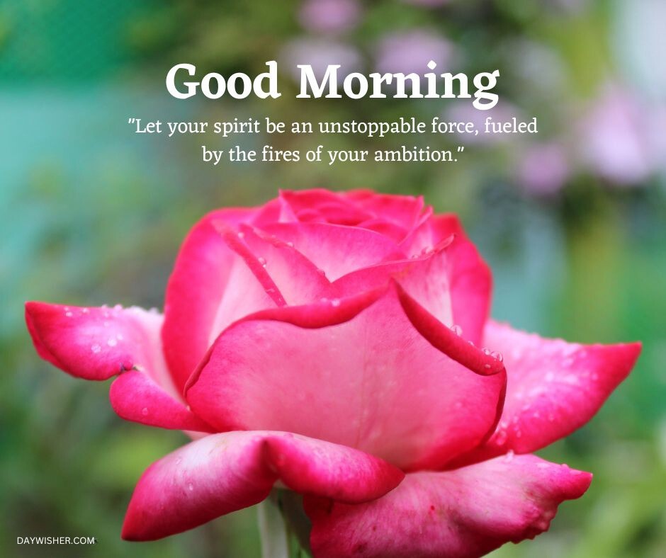 A close-up image of a pink rose with dew drops on its petals, featuring the text "good morning flowers" and a motivational quote about ambition at the top.