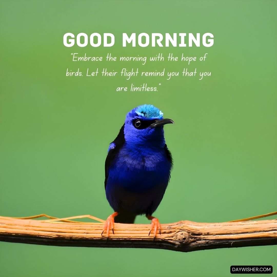 A vibrant blue bird with a shining turquoise forehead perched on a branch against a green background, with a text overlay that says "Good Morning Birds – embrace the morning with the hope of birds. 