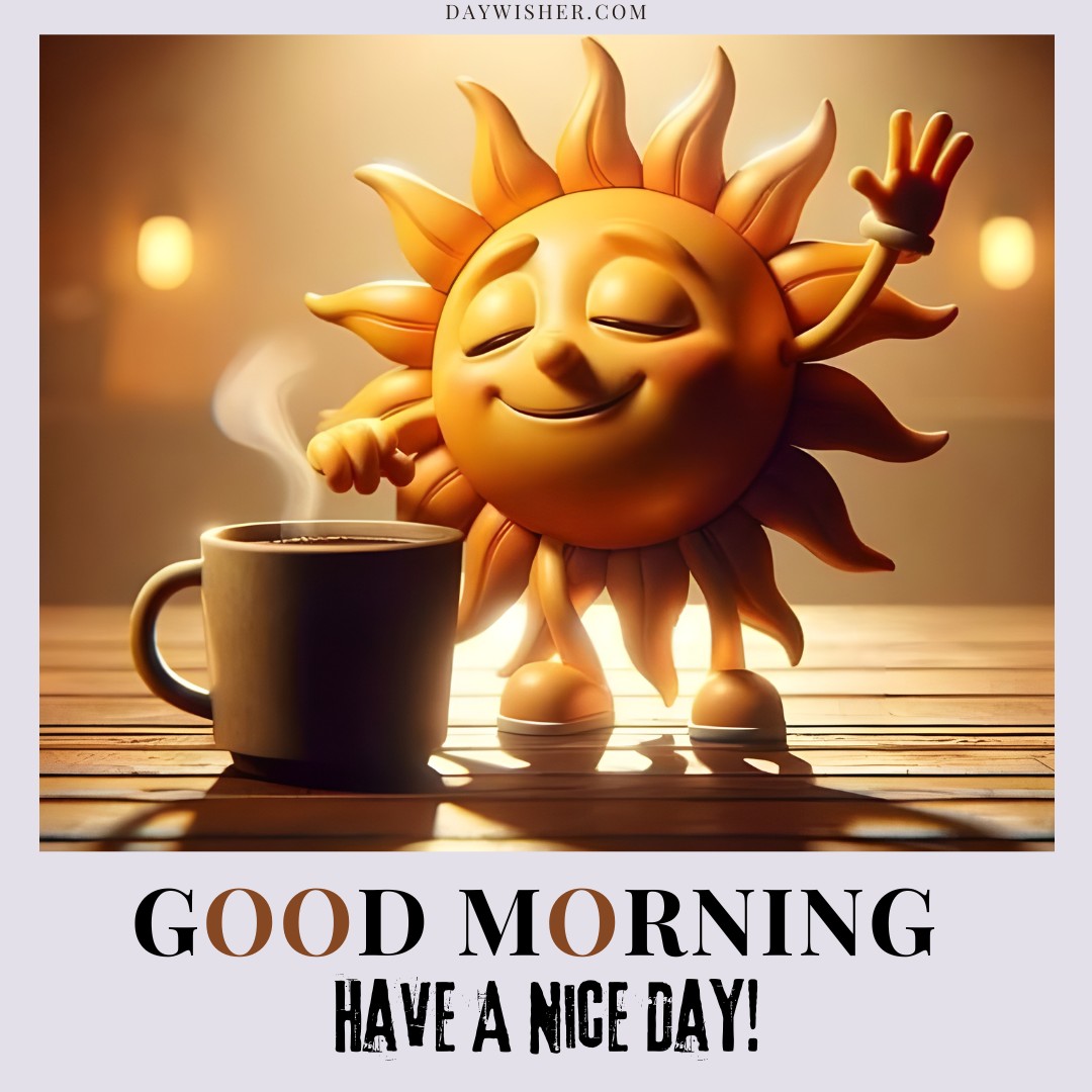 A cheerful 3D cartoon sun with outstretched rays smiling next to a steaming mug of coffee. The words "Good Morning Have a Nice Day Images" are displayed.