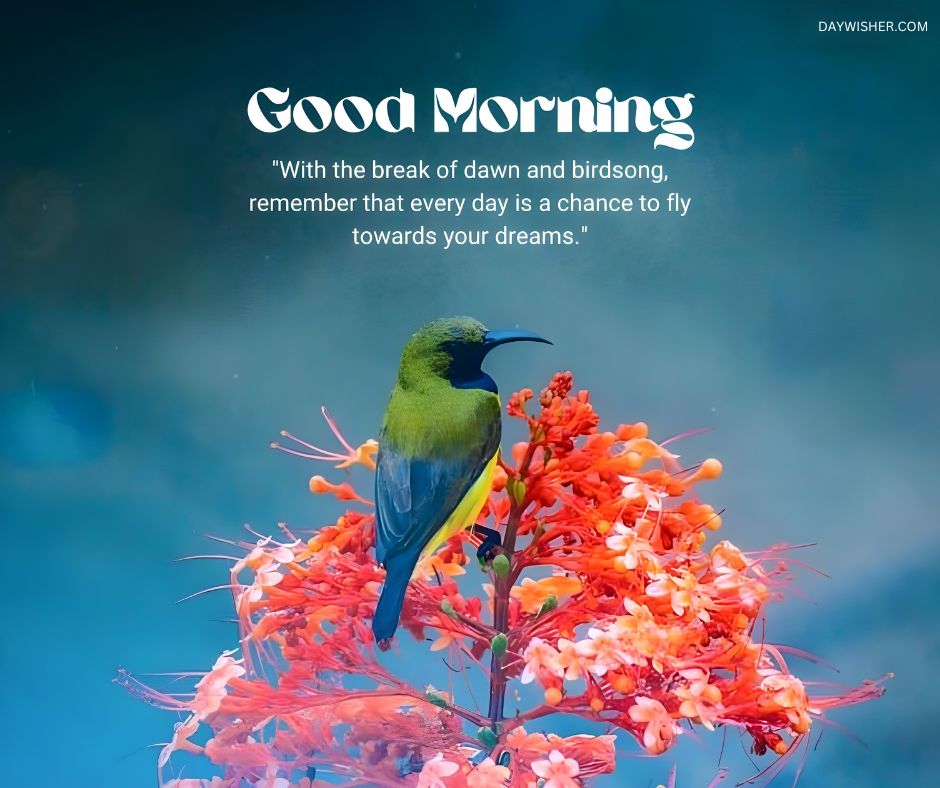 good morning birds images of a vibrant green and blue bird perched on an orange flowering branch against a vivid blue sky, symbolizing the opportunities of a new day to pursue your dreams and aspirations.