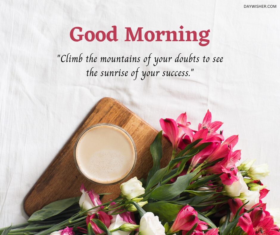 A comforting cup of coffee on a wooden board, surrounded by vibrant pink and white blooms on a textured white cloth, with the text "Good Morning Flowers Images" and an inspirational quote.