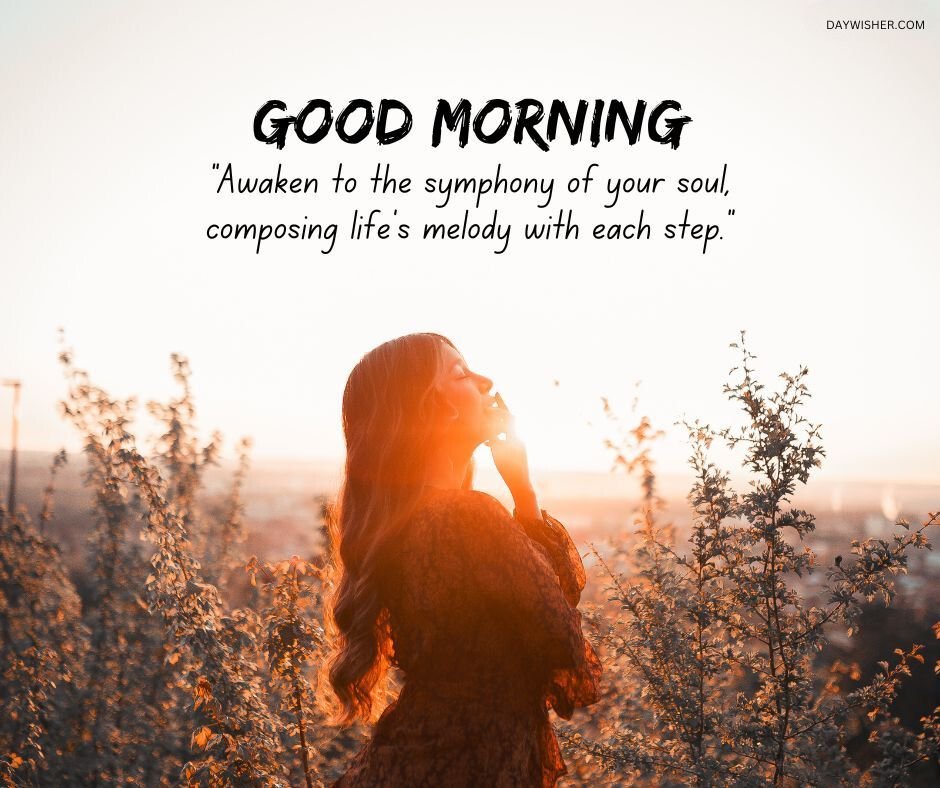 A woman standing in a sunlit field of tall grass at sunrise, touching a flower, with a background text that says "good morning" and an inspirational quote containing positive words.