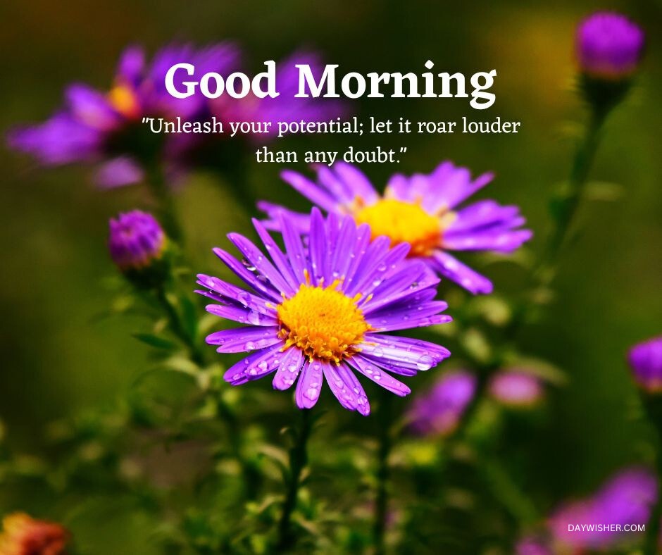 A vibrant Good Morning image featuring purple daisies with a yellow center on a blurred green background, accompanied by an inspirational quote about unleashing potential.