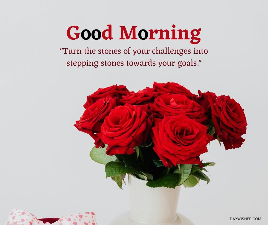 Image of vibrant Good Morning Flowers, featuring red roses in a white vase. Includes the text "good morning" and an inspirational quote about transforming challenges into stepping stones toward goals.