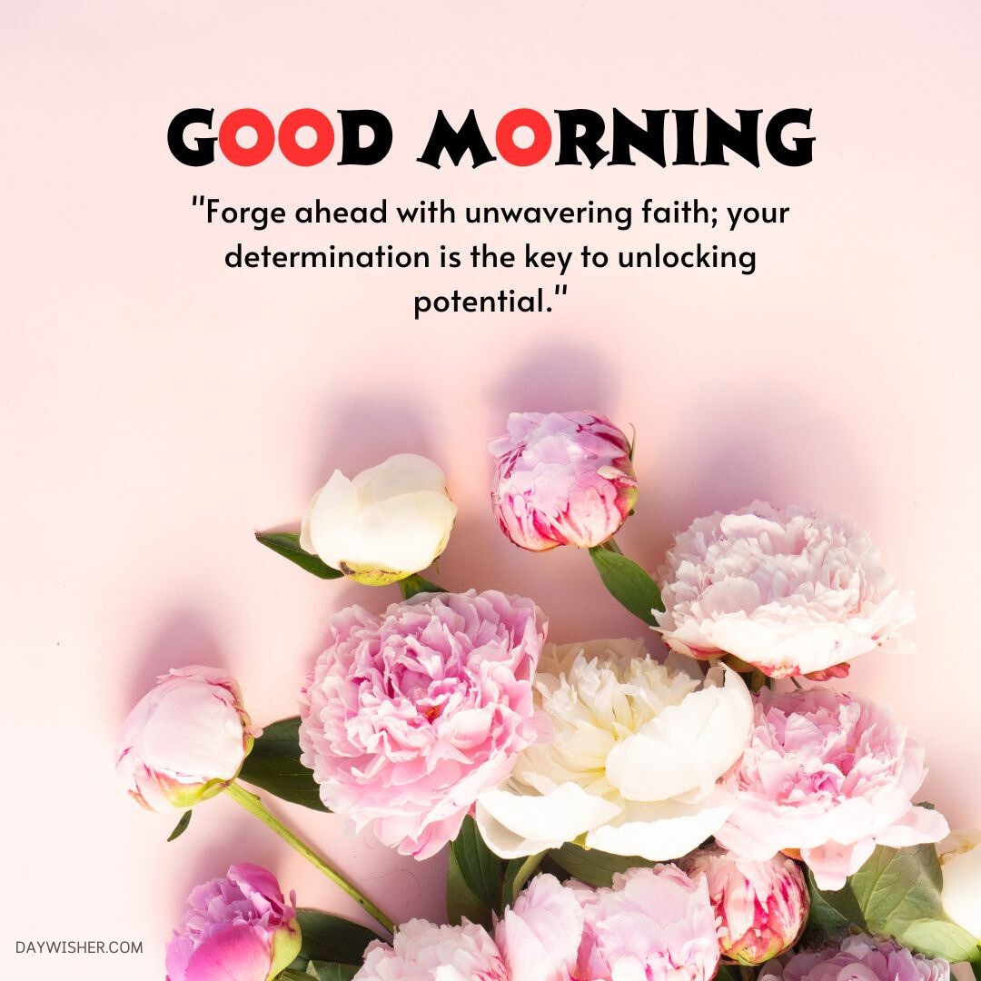 An inspirational "good morning" quote on a pink background surrounded by beautiful pink peonies, encouraging determination and faith to unlock potential. Perfect for sharing as one of the good morning flowers images to inspire