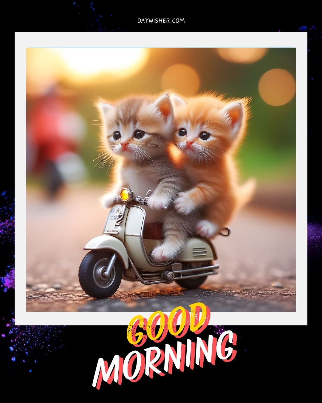 Two adorable kittens sitting on a tiny scooter, with a vibrant, blurred background. The image has a cheerful "Good Morning" greeting at the bottom.