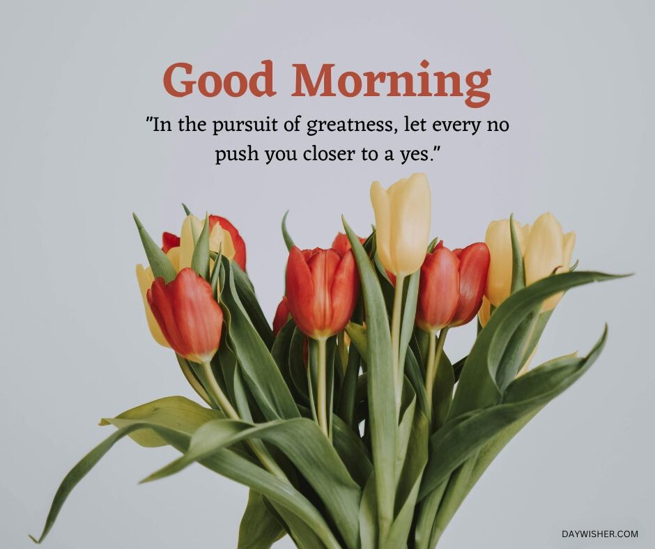 A vase of vibrant red and yellow tulips stands against a light gray background with the text "Good Morning Flowers" and an inspirational quote about greatness.