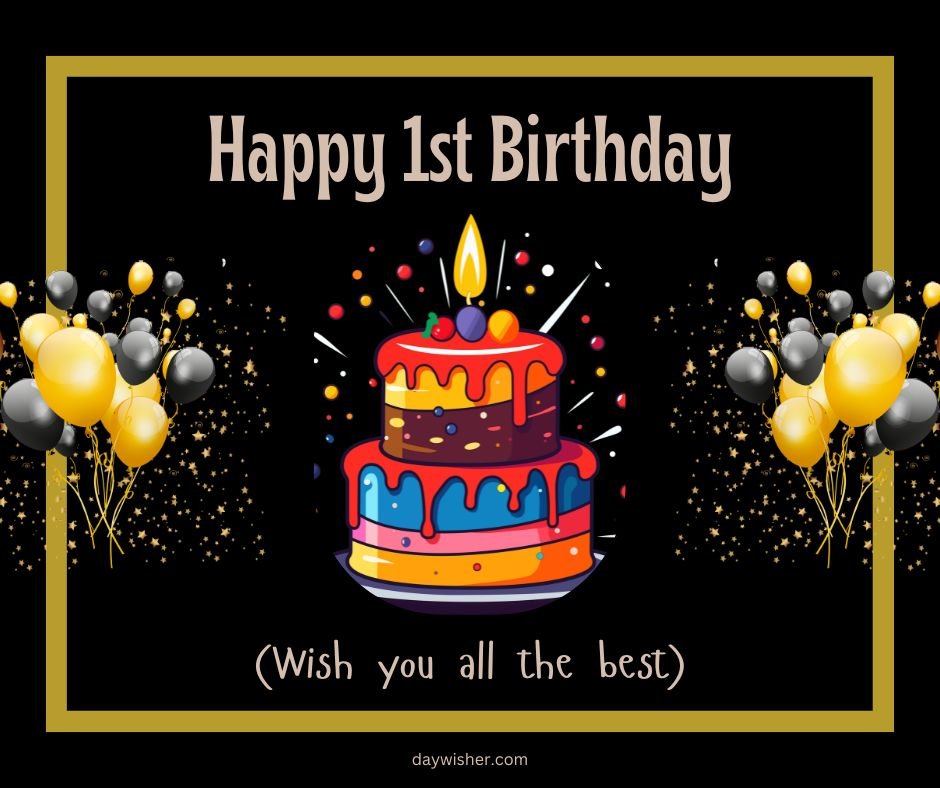 A vibrant 1st birthday card featuring the message "happy 1st birthday" with a colorful tiered cake lit by a single candle, surrounded by gold and black balloons and decorative sparkles on