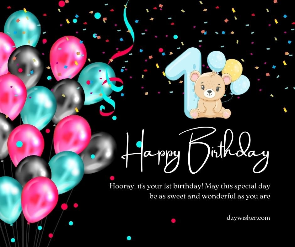 A colorful birthday card featuring a number "1," a cute plush bear, and vibrant balloons with confetti, alongside the message "Happy 1st Birthday" in cursive script.