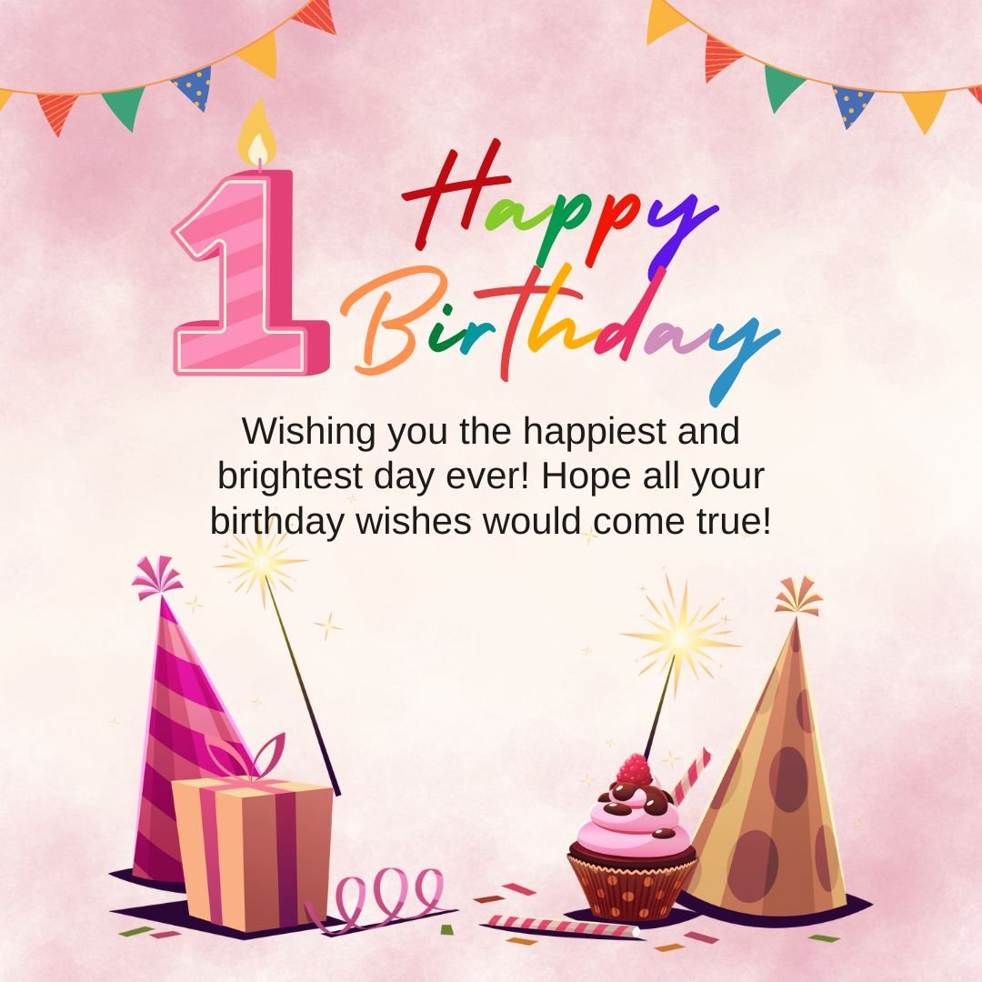 A colorful birthday card with the text "Happy 1st Birthday," featuring party hats, a cupcake with a candle, and fireworks, all set against a pastel pink and purple background with stars
