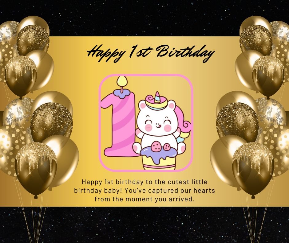 Golden birthday card with a "happy 1st birthday" message, featuring a cute cartoon pig on a pink background, surrounded by golden balloons and stars—picture-perfect greetings for a special day.