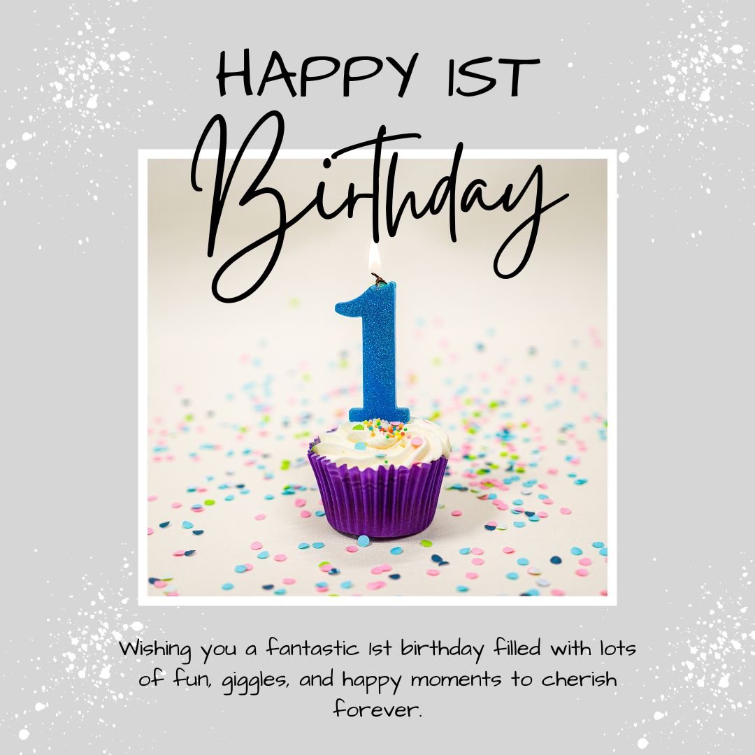A festive "happy 1st birthday" image with a graphic of a purple cupcake topped with a blue number one candle and scattered colorful confetti.