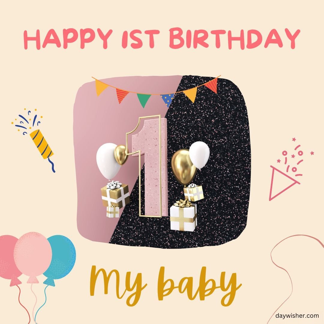A festive 1st birthday card featuring a pink cube with the number "1" and "happy 1st birthday images," adorned with balloons, gifts, and a party hat on a soft pink