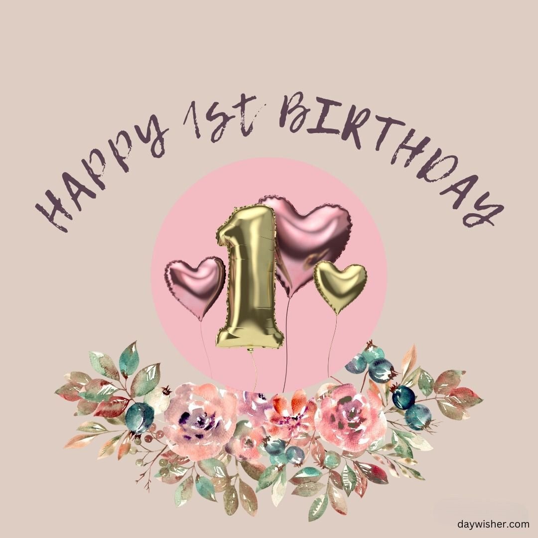 Illustration of "happy 1st birthday images" with a golden number 1 and heart-shaped balloons surrounded by colorful floral designs on a soft pink background.