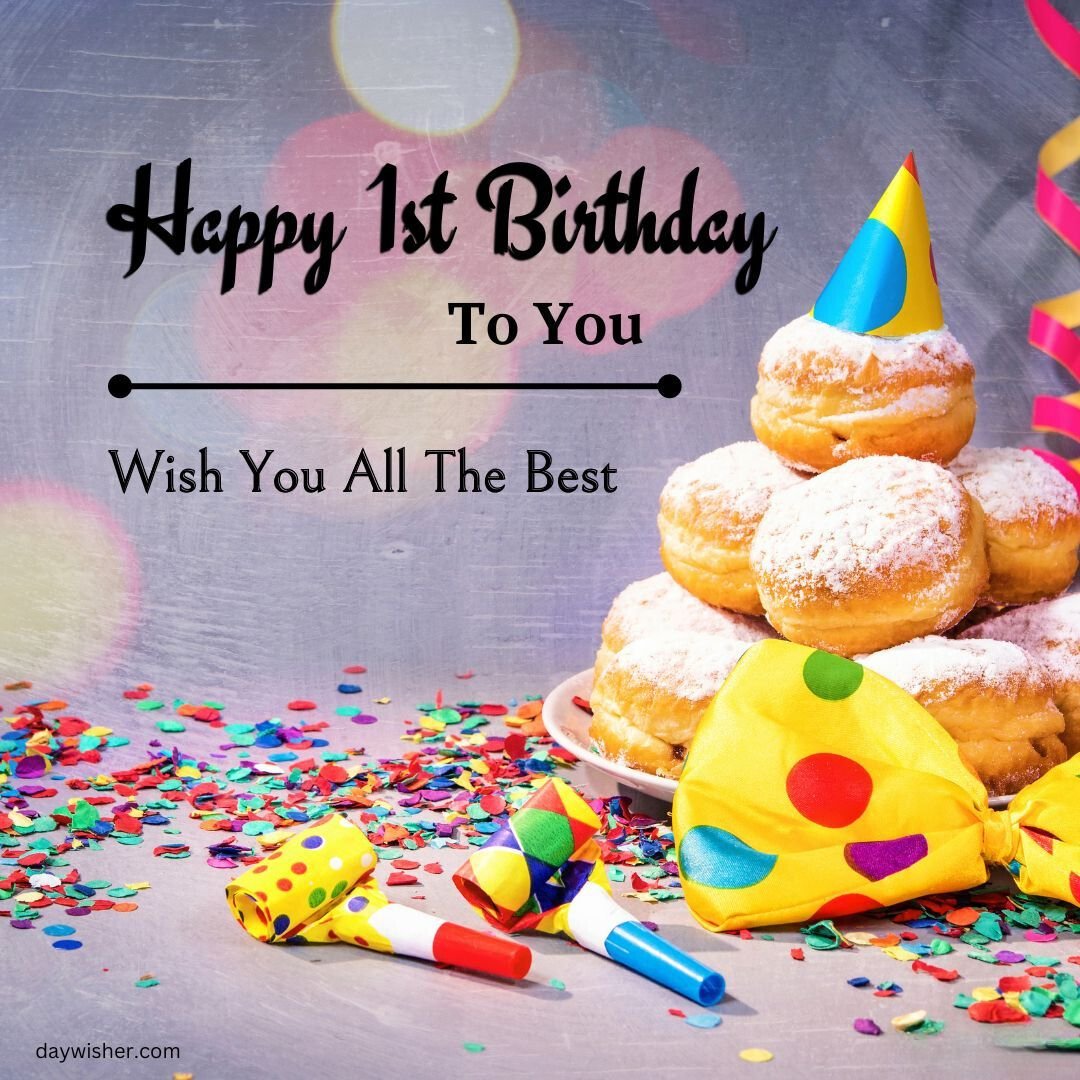 A festive birthday image with a text "happy 1st birthday to you, wish you all the best" atop sugared doughnuts stacked, surrounded by colorful party hats, confetti, and no