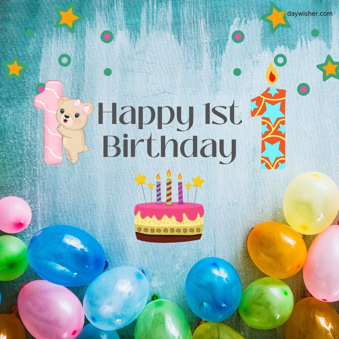 A colorful birthday card displaying "happy 1st birthday" images, featuring a cartoon dog, a cake with one lit candle, and scattered balloons on a blue textured background. Decorative stars enhance the
