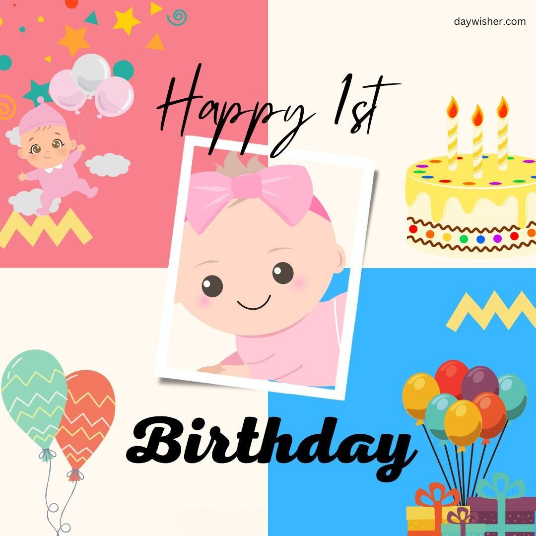 Colorful happy 1st birthday images celebrating a first birthday with pictures of a cake, balloons, and a baby.