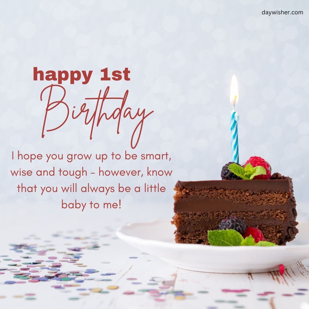 A festive image showing a slice of chocolate birthday cake with one lit candle and berries on top, against a confetti-strewn backdrop, with the text "Happy 1st Birthday" and a