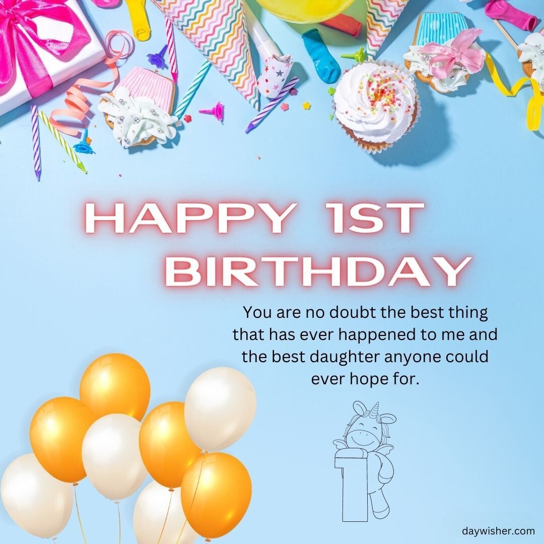 A colorful birthday greeting card with happy 1st birthday images, including party hats, balloons, confetti, and a cupcake on a light blue background. The text reads "You are no doubt