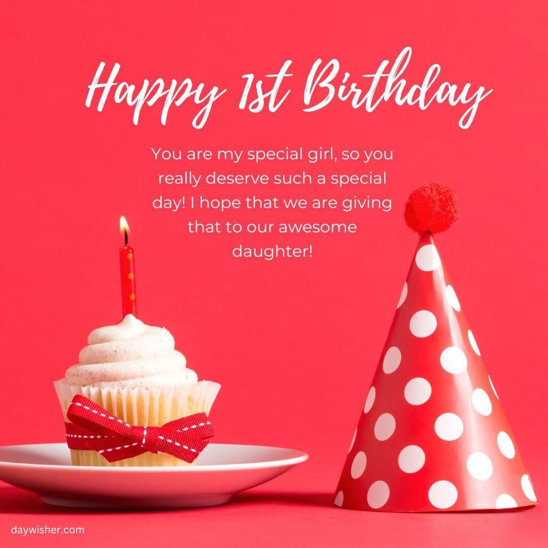 A festive birthday greeting card with the message "happy 1st birthday" featuring happy 1st birthday images, a red party hat with white polka dots, all against a bright red background.