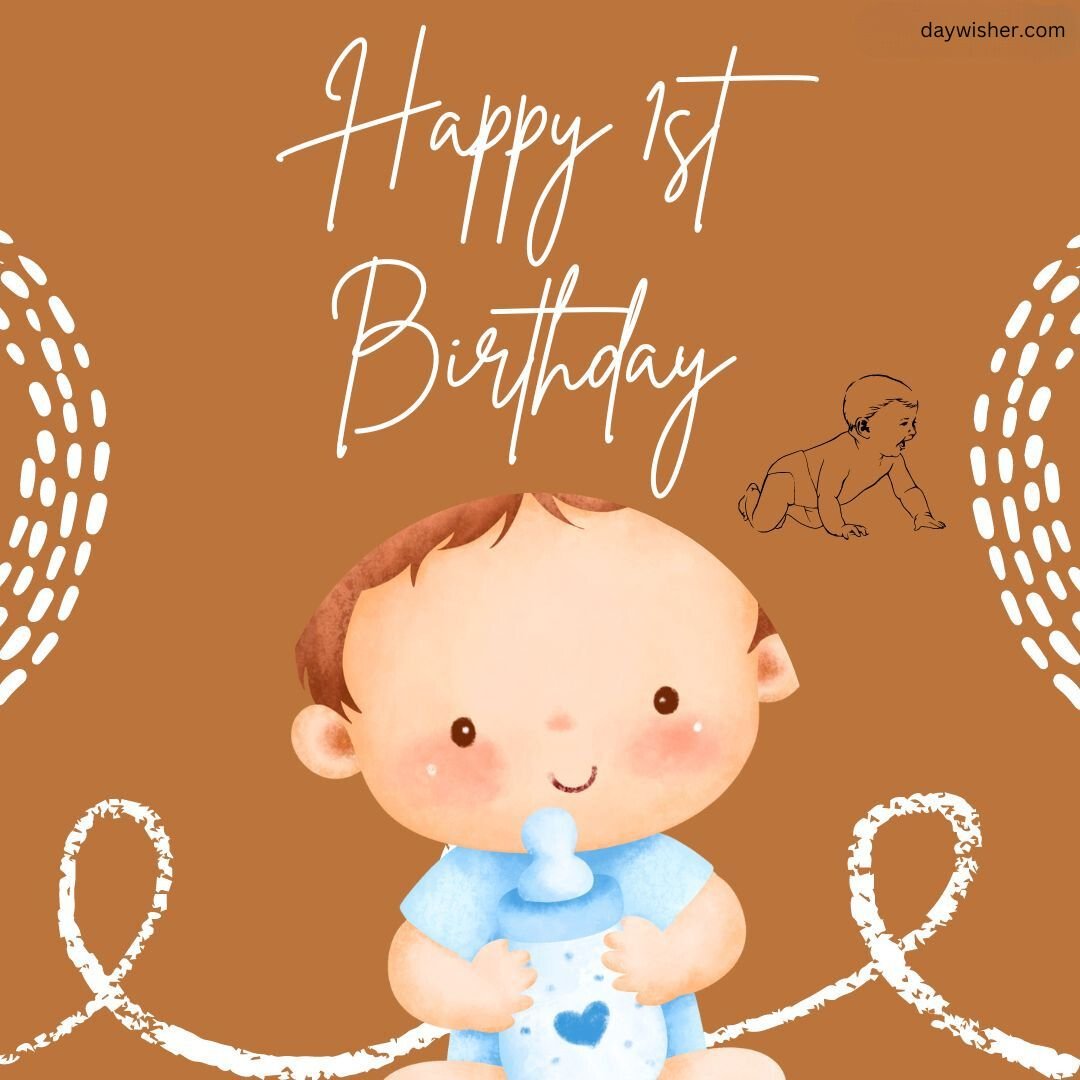 Illustration of a smiling baby holding a pacifier on a brown background with white doodles and the text "happy 1st birthday images" at the top.