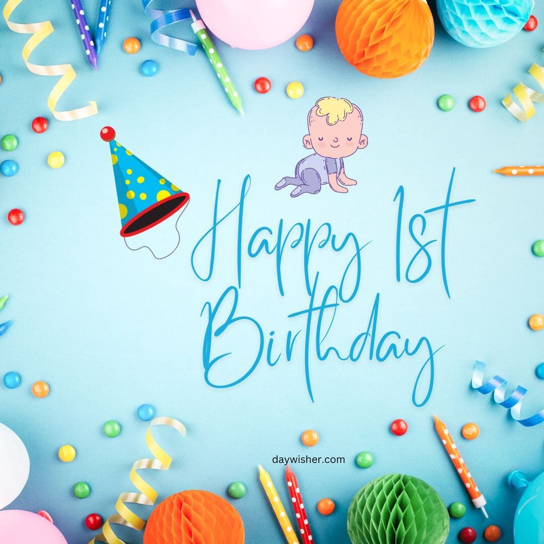 A vibrant "happy 1st birthday" card in cursive on a light blue background adorned with confetti, party hats, and colorful decorations, featuring happy 1st birthday images of a cute