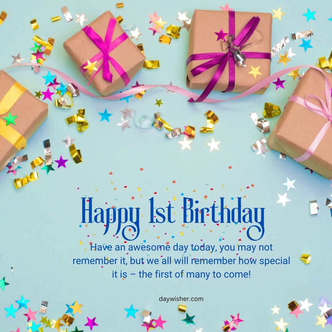 Birthday greeting card displaying "happy 1st birthday" images surrounded by small wrapped gifts and colorful confetti on a light blue background.