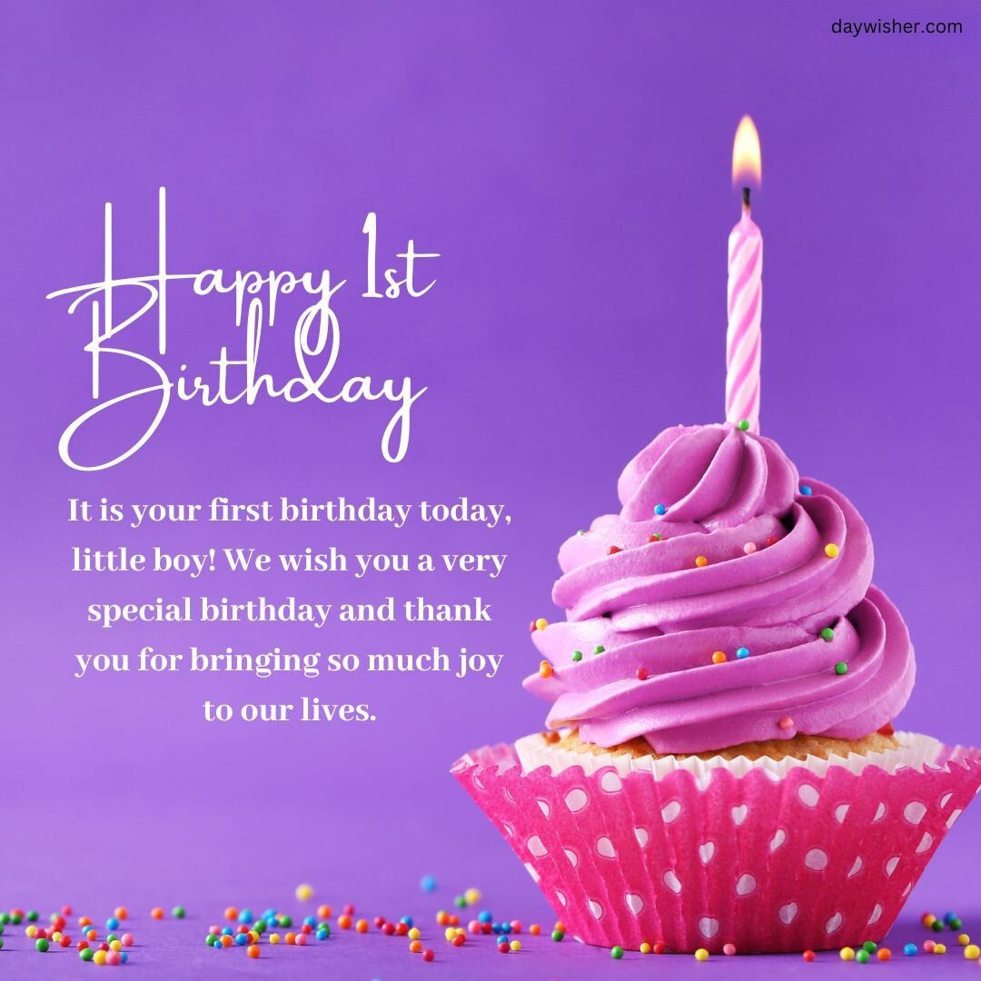 A pink frosted cupcake with a lit candle and colorful sprinkles, set against a purple background with "happy 1st birthday" written in decorative script.