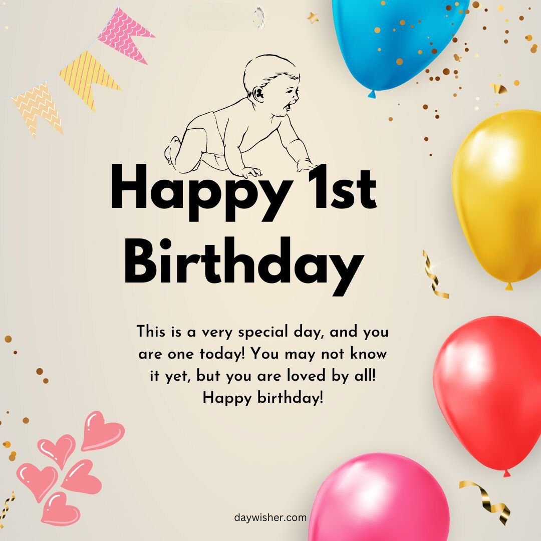 A festive birthday card featuring happy 1st birthday images with colorful balloons, confetti, and streamers on a light background.