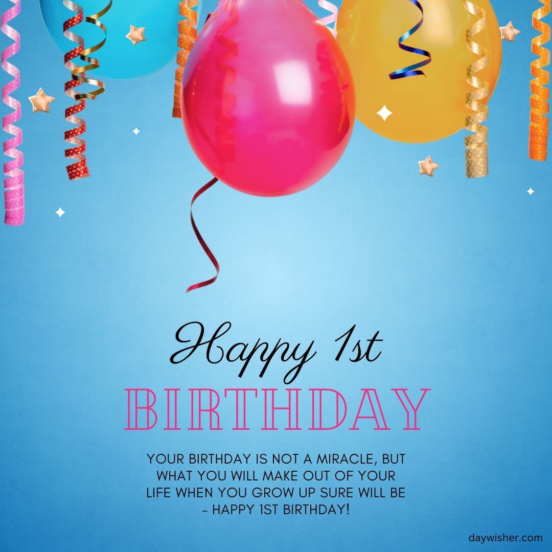 Colorful birthday card for a 1st birthday with bright balloons, streamers, and happy 1st birthday images on a blue background.