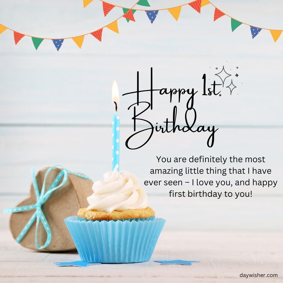 A birthday scene with a blue candle on a cupcake next to a heart-shaped gift, set against a wooden backdrop with colorful party banners and happy 1st birthday images.