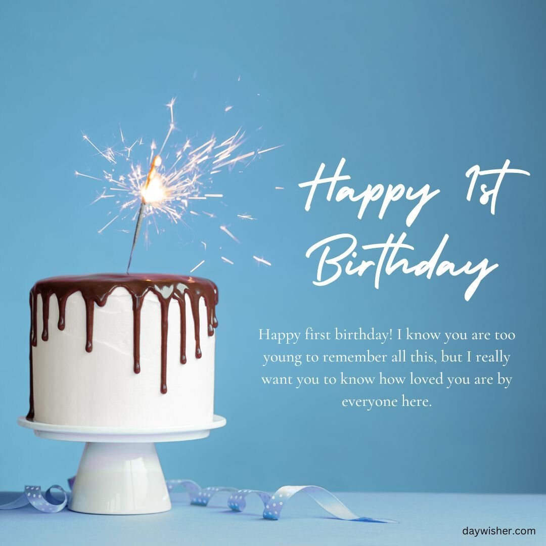A two-tiered white birthday cake with chocolate dripping from the top and a lit sparkler on a light blue background, featured in happy 1st birthday images.